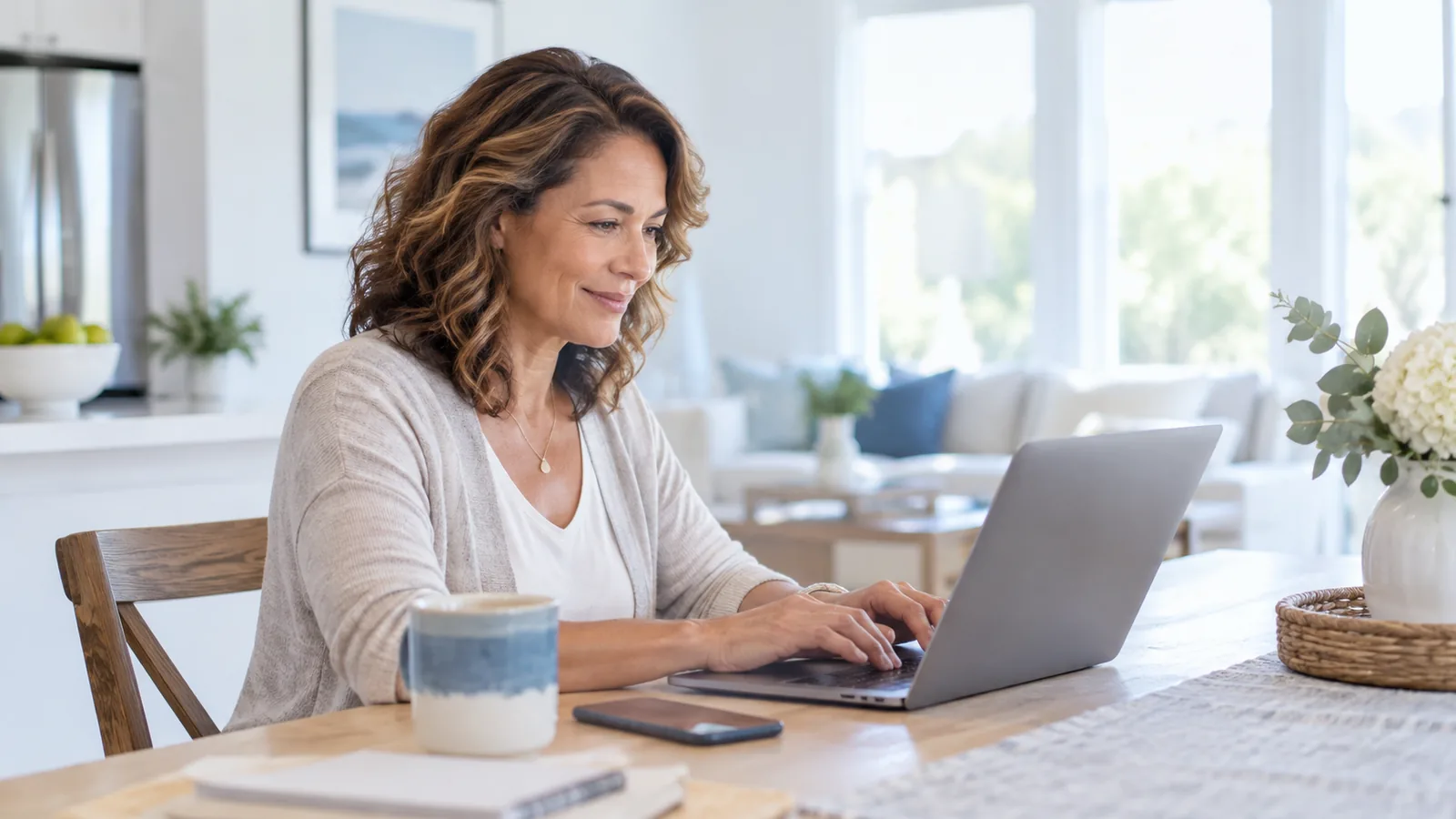 Agent at a kitchen table with a laptop and phone, writing to contact First Reel Academy