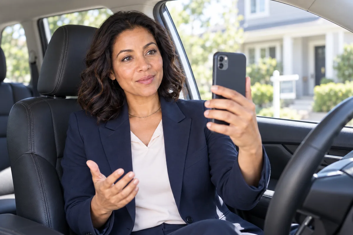 Day 2: talking to the phone in a parked car outside a listing