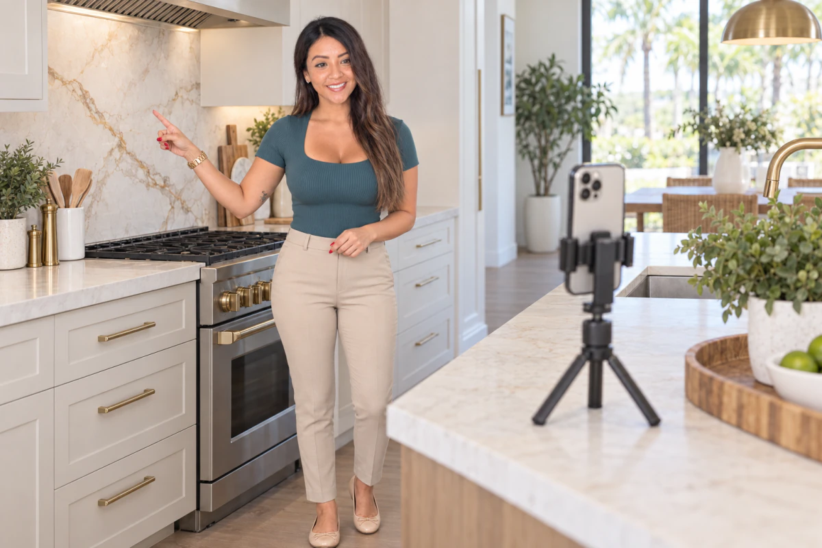 Day 4: Katherine pointing out a stone backsplash detail while filming