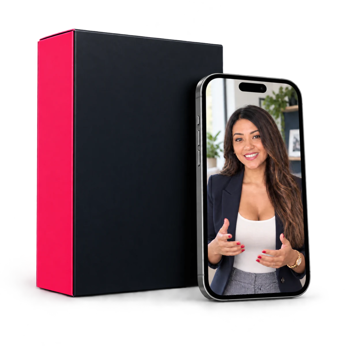 The First Reel Course box beside a phone showing Katherine