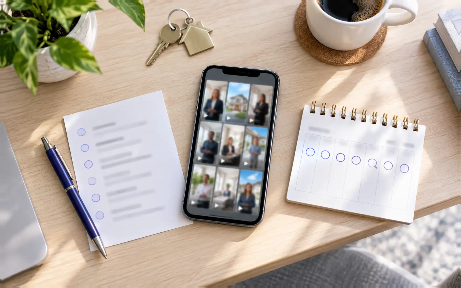 Flat lay of a phone with a video grid, a shot list card and a calendar with seven days circled