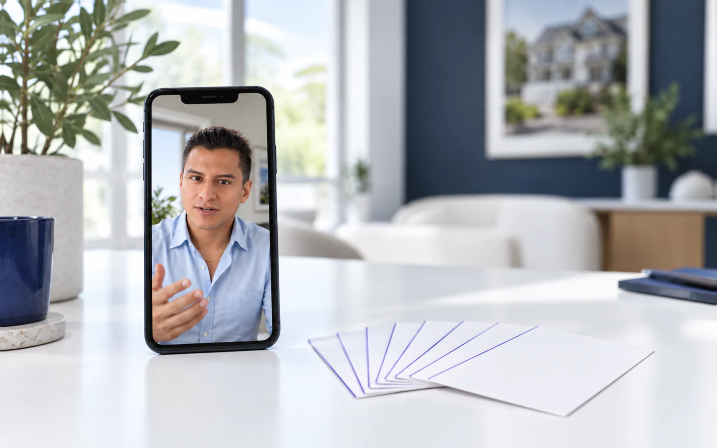 Phone showing an instructor beside seven fanned index cards