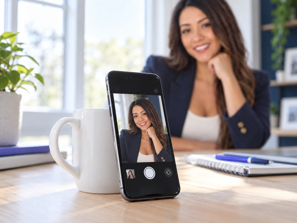 Instructor recording herself with a phone propped against a coffee mug