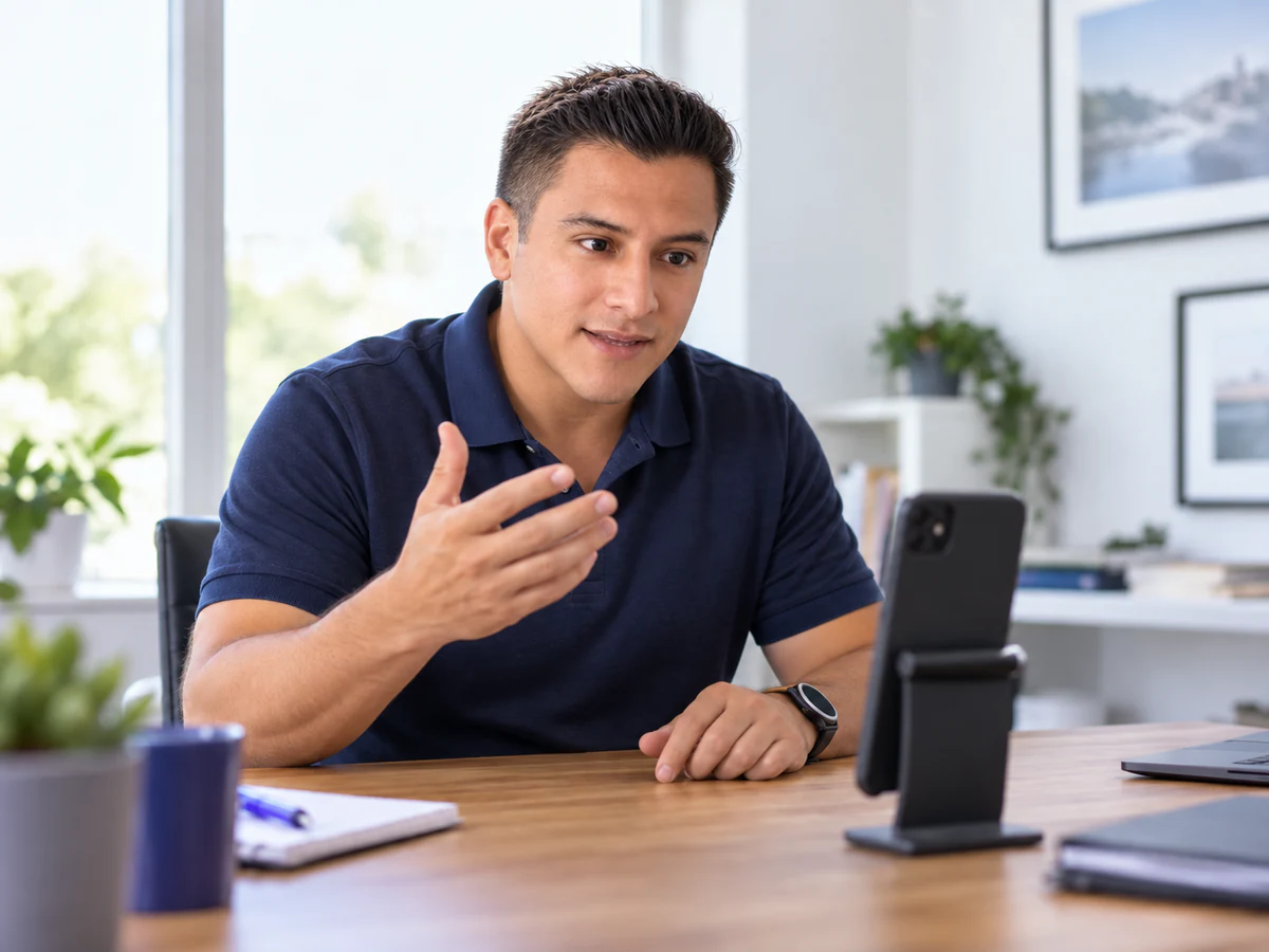 Instructor explaining something to his phone camera at a desk