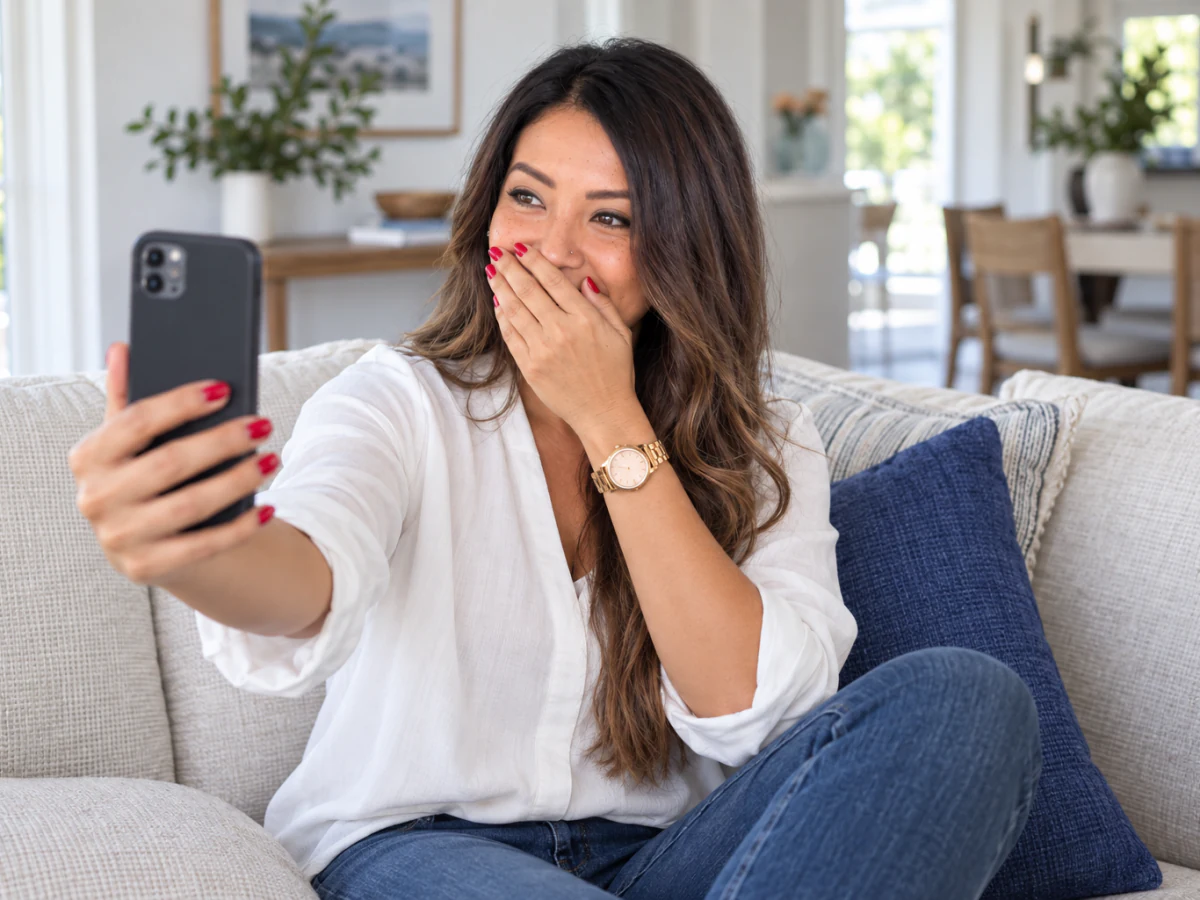 Camera-shy agent laughing while recording herself on her phone