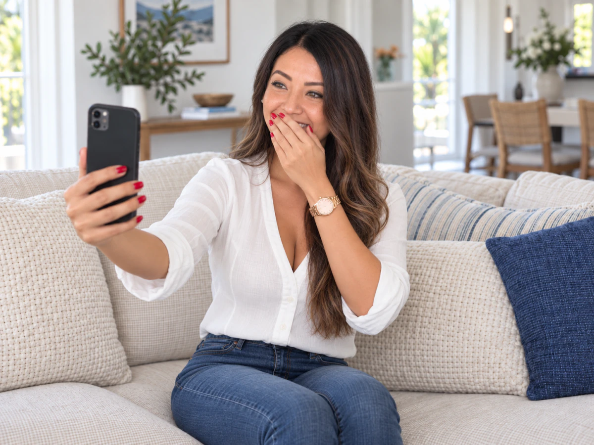 Katherine laughing while recording herself on her phone